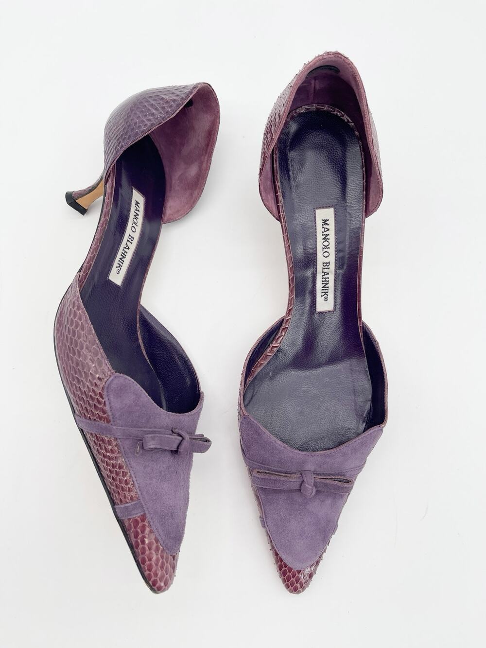 Manolo Blahnik Vintage Purple Snakeskin Suede Bow D'Orsay Kitten Heels IT 41.5